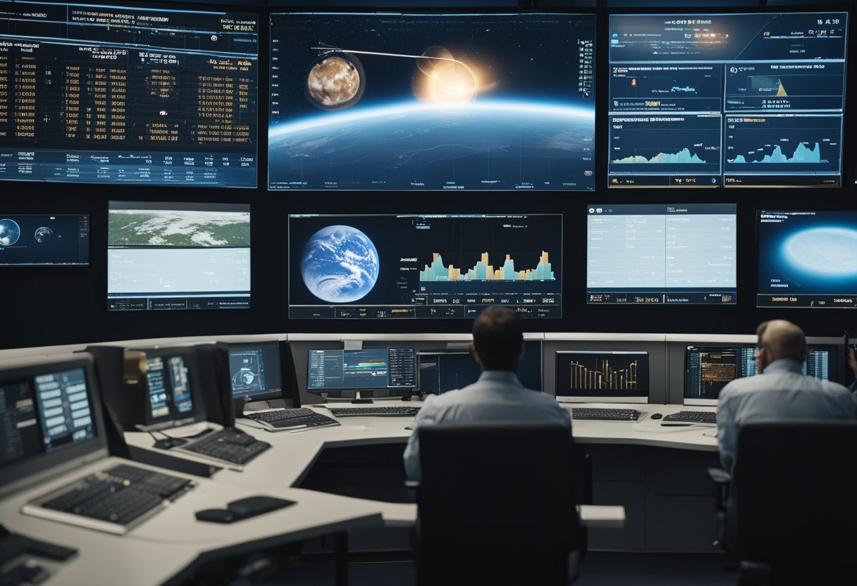 A spacecraft launches from Earth towards Mars, with financial data and mission strategies displayed on screens in the control room