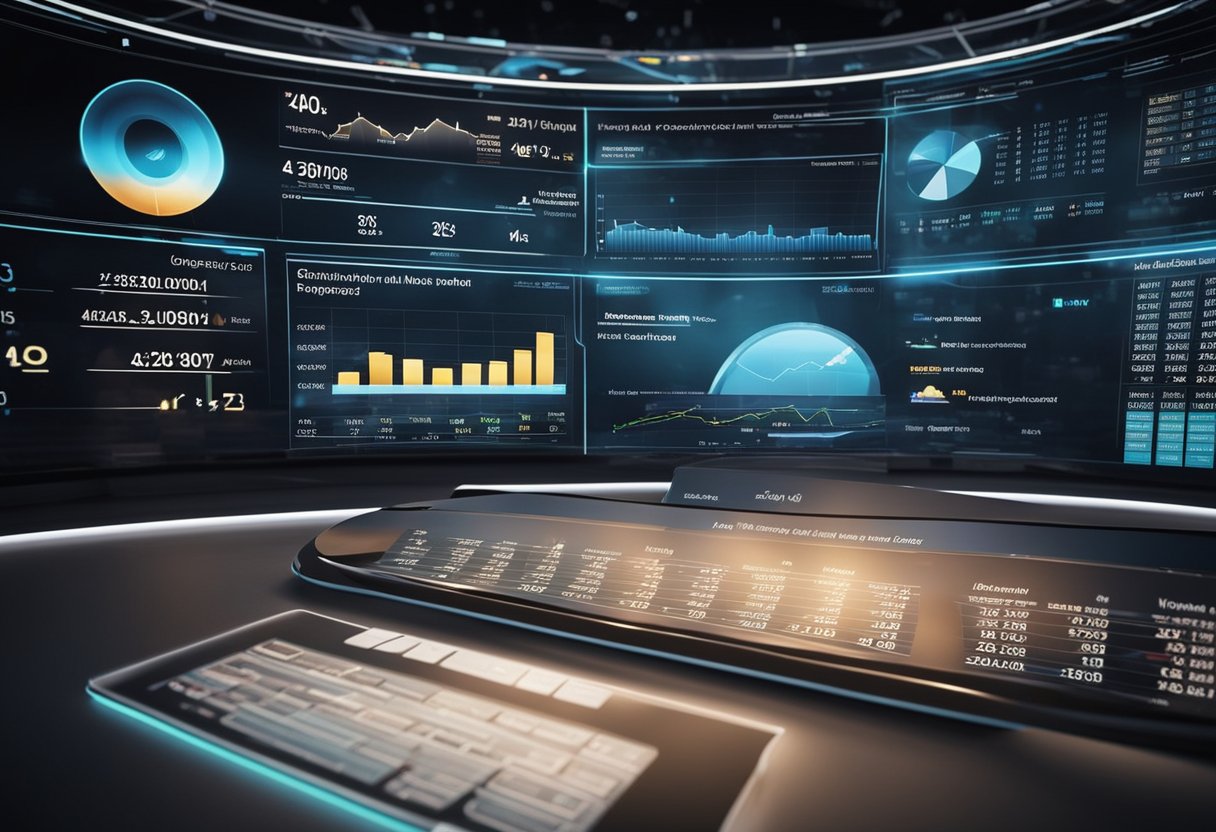 A financial report displayed on a futuristic holographic screen with graphs and charts, showcasing the budget breakdown for a manned Mars mission