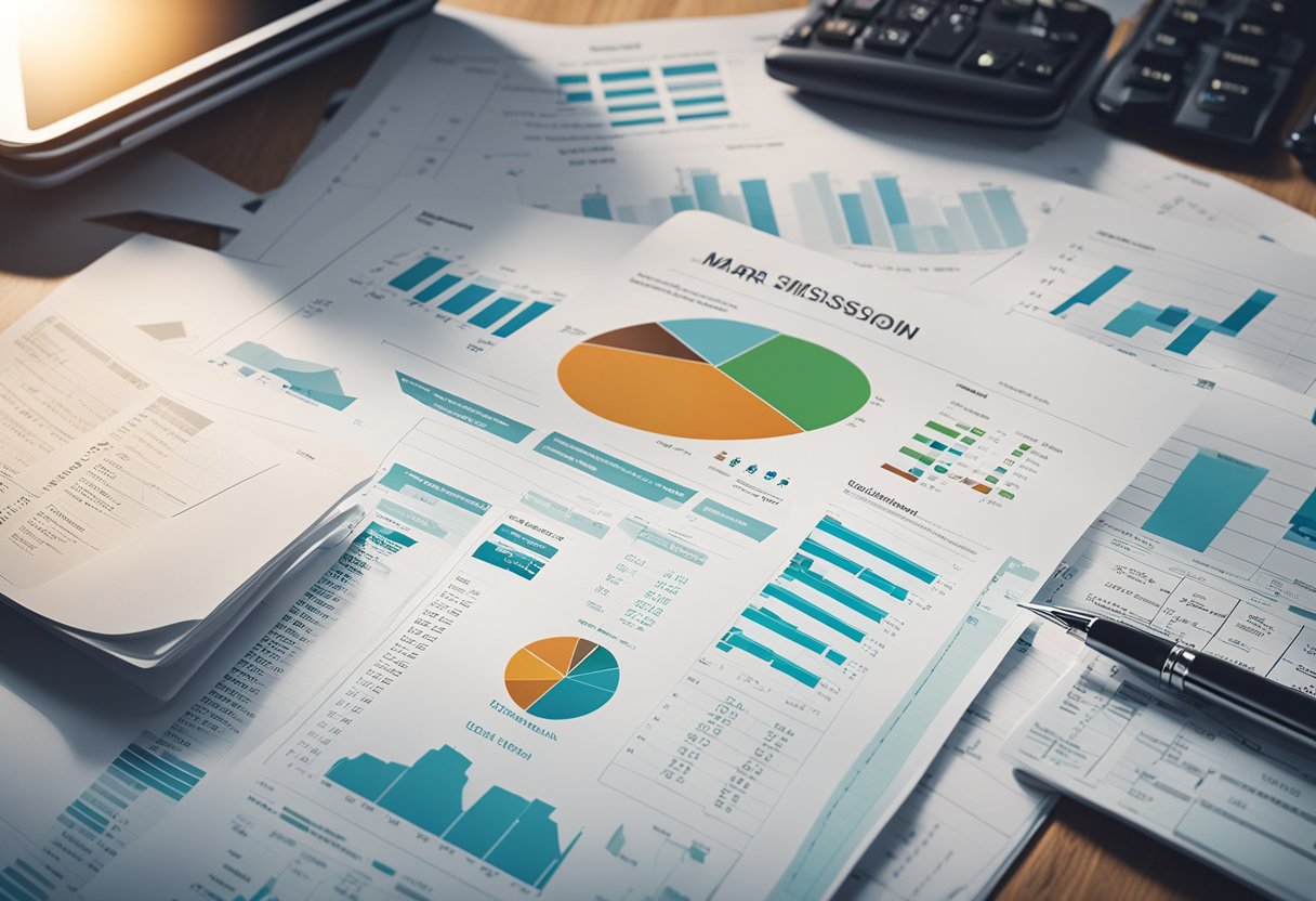 A table with financial documents and ethical guidelines for manned Mars missions. Charts and graphs display budget breakdowns and cost projections