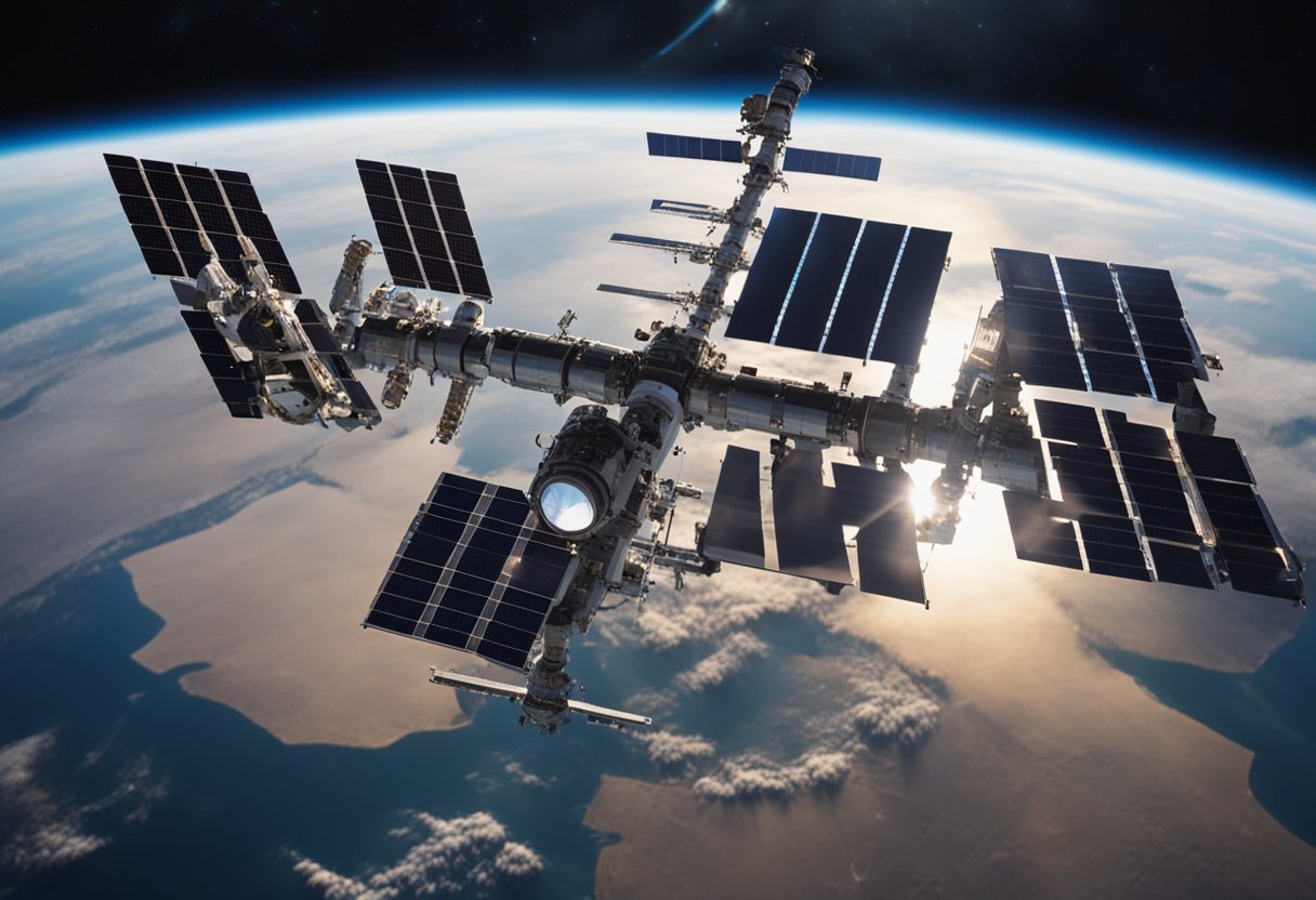 The International Space Station orbits Earth, solar panels collecting energy. Modules connect, housing scientific experiments. Earth looms in the background