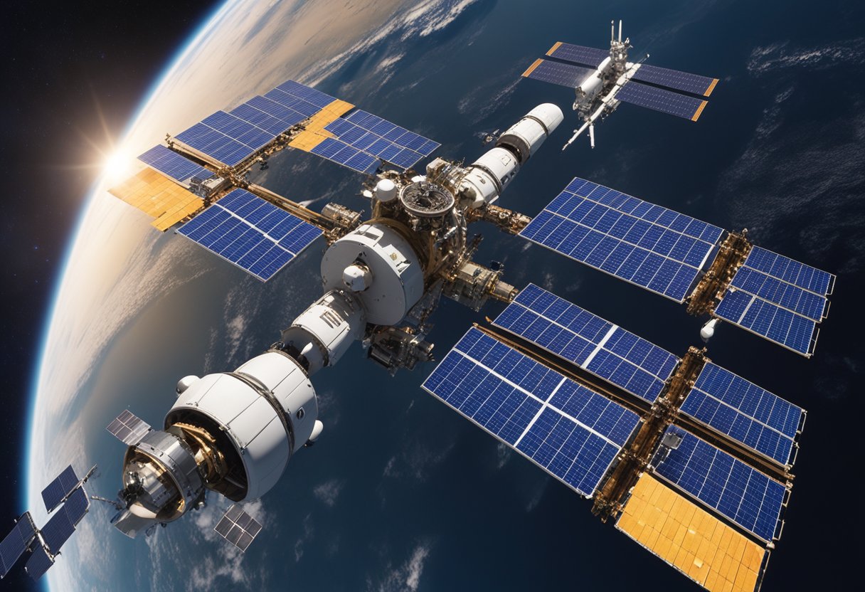 The International Space Station orbits Earth, a complex structure of interconnected modules and solar panels, symbolizing international cooperation in space exploration