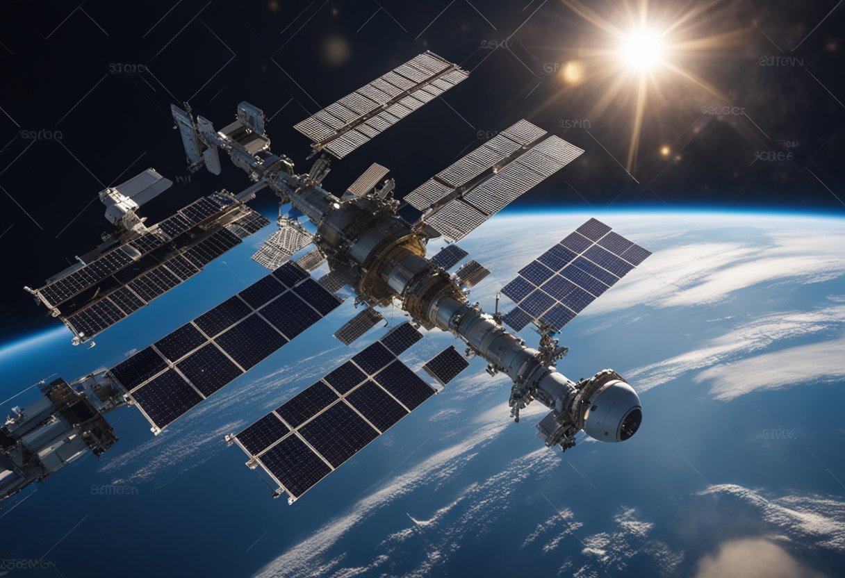 The International Space Station orbits Earth, a complex structure of solar panels and modules, with Earth in the background