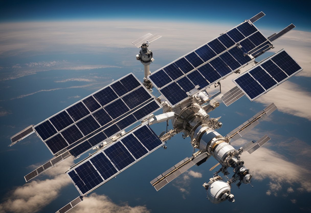 The International Space Station orbits Earth, showcasing its impressive size and solar panels. Educational graphics and statistics are displayed for public engagement