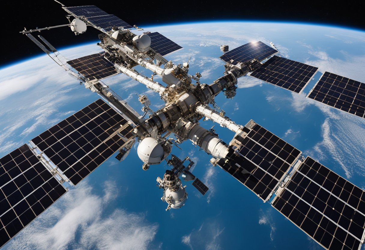 The International Space Station orbits Earth, a complex structure of solar panels, modules, and robotic arms. It houses a crew and conducts scientific research in microgravity