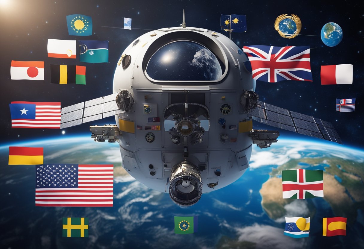 Spacecraft from various countries orbiting Earth, with flags and symbols representing international collaboration in space exploration