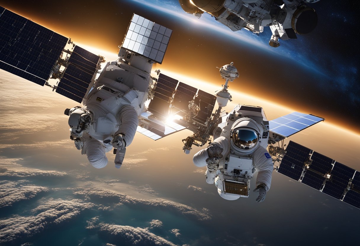 Space stations orbiting Earth, connected modules, solar panels, and docking ports, with astronauts conducting experiments and observing the cosmos