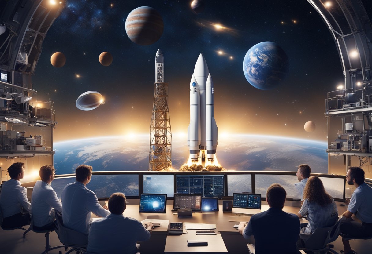 A rocket launches into space, surrounded by planets and stars, as a group of scientists and researchers eagerly observe from a control center on Earth