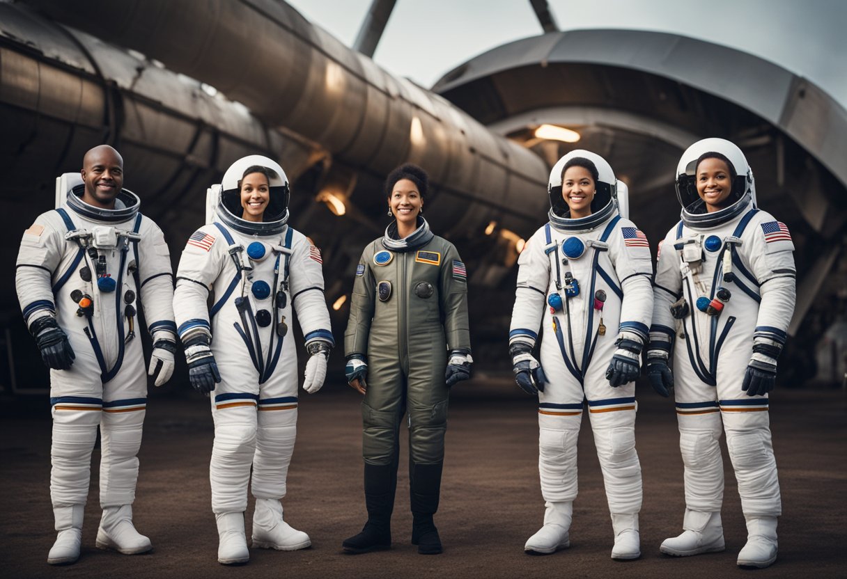 A diverse group of astronauts in space suits stand in front of a rocket, representing various genders, races, and ages