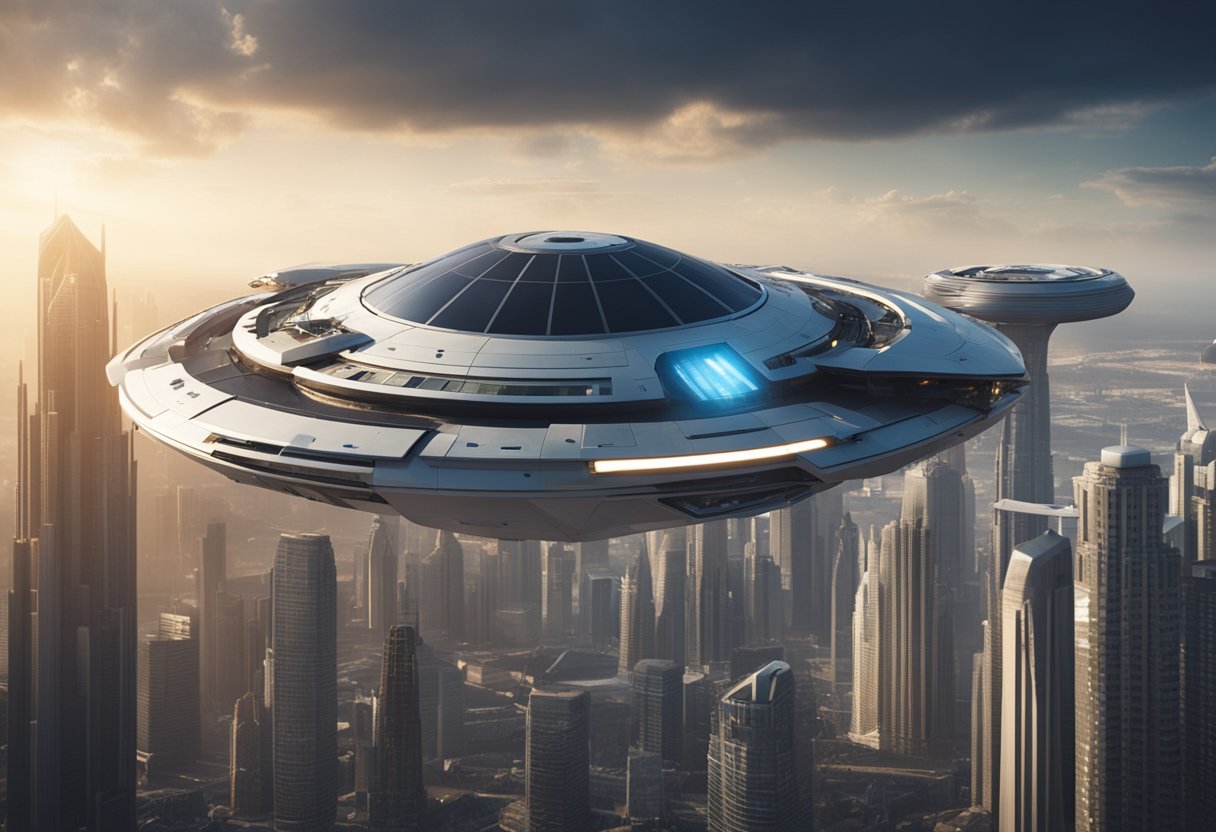 A sleek spacecraft hovers above a futuristic cityscape, surrounded by advanced technology and machinery