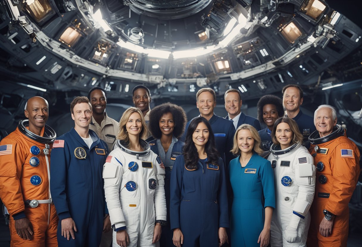 A diverse group of astronauts from different countries standing together in front of a spacecraft, representing international cooperation in space exploration