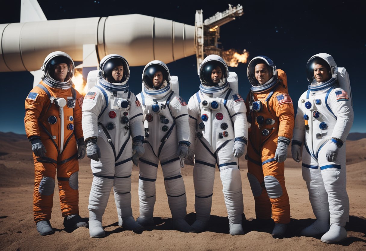 A diverse group of astronauts in space suits stand in front of a rocket, representing various career pathways in the astronaut field