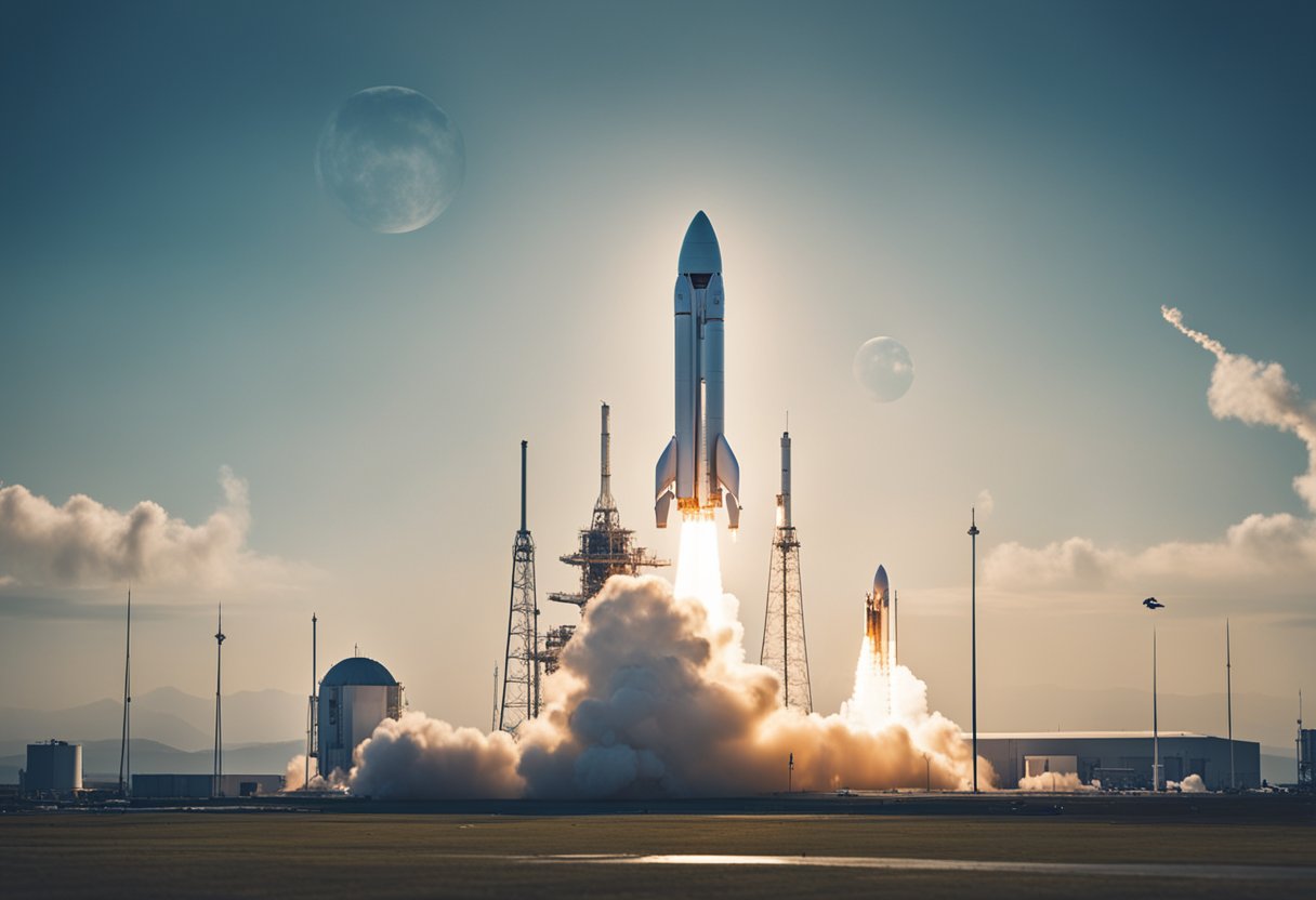 A rocket launches into space, surrounded by a futuristic spaceport with multiple spacecraft preparing for takeoff. The scene is filled with excitement and anticipation for the commercial spaceflight revolution