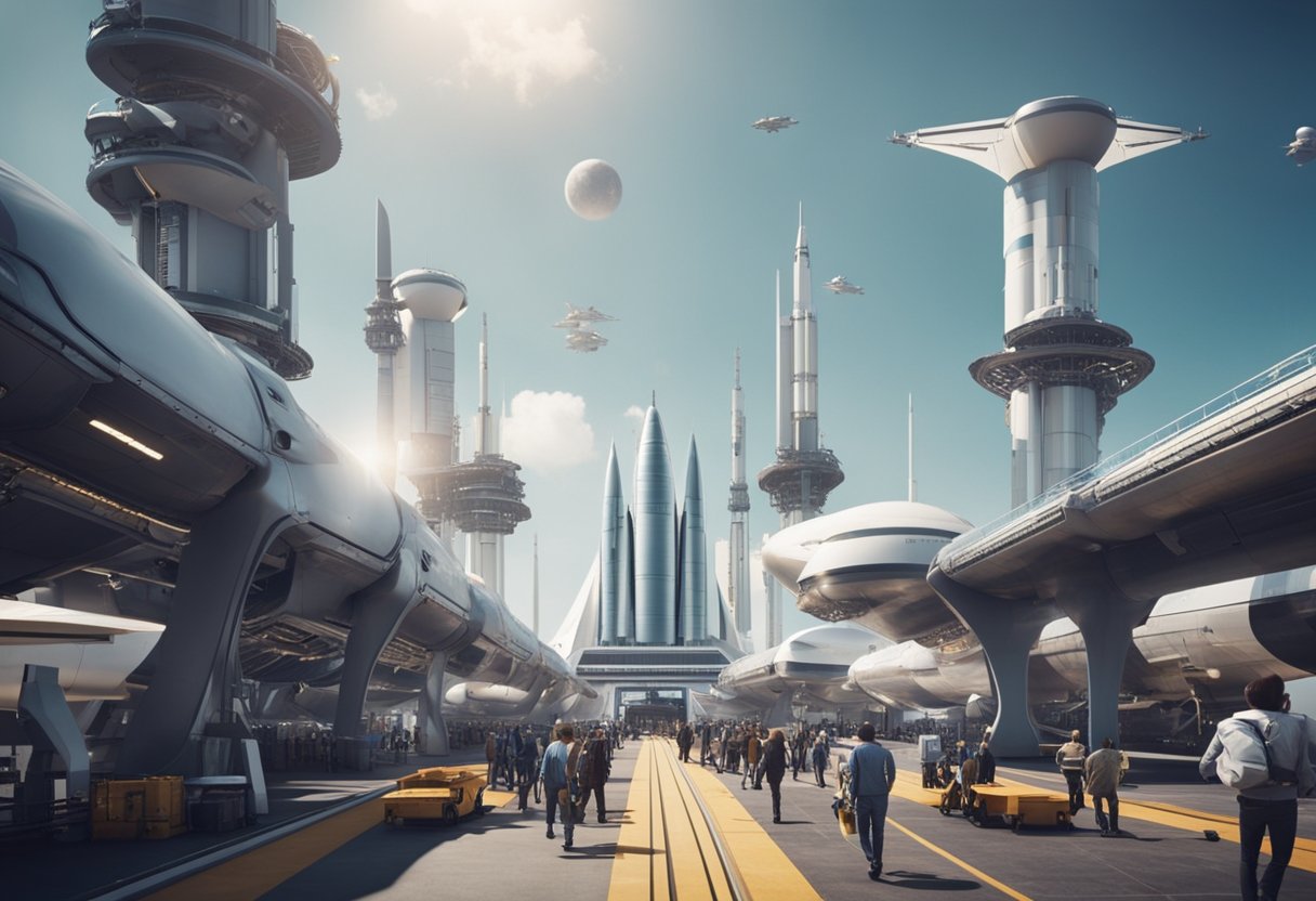 A busy spaceport with rockets launching, tourists boarding spacecraft, and cargo being loaded onto ships. A futuristic skyline with spaceplanes and orbital stations