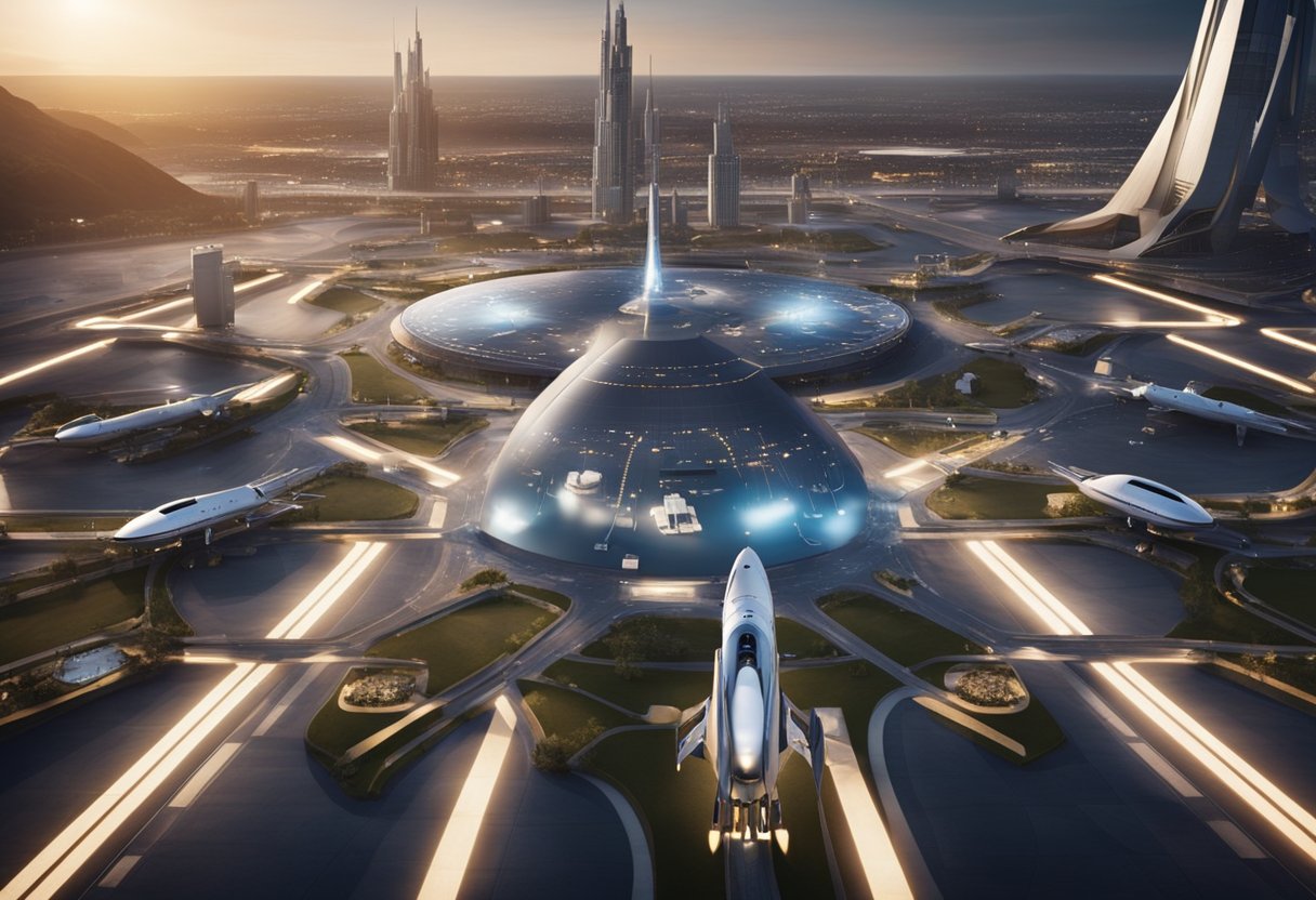 A bustling spaceport with rockets launching and landing, surrounded by futuristic buildings and infrastructure. Commercial spaceflight statistics displayed on digital screens