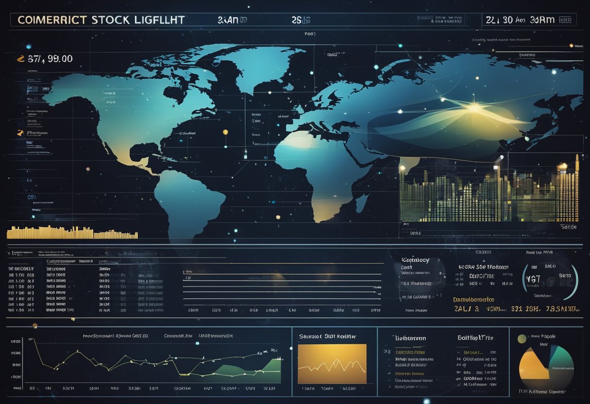 Commercial spaceflight stats: Charts, graphs, and financial data displayed on a futuristic digital screen with a backdrop of space and planets