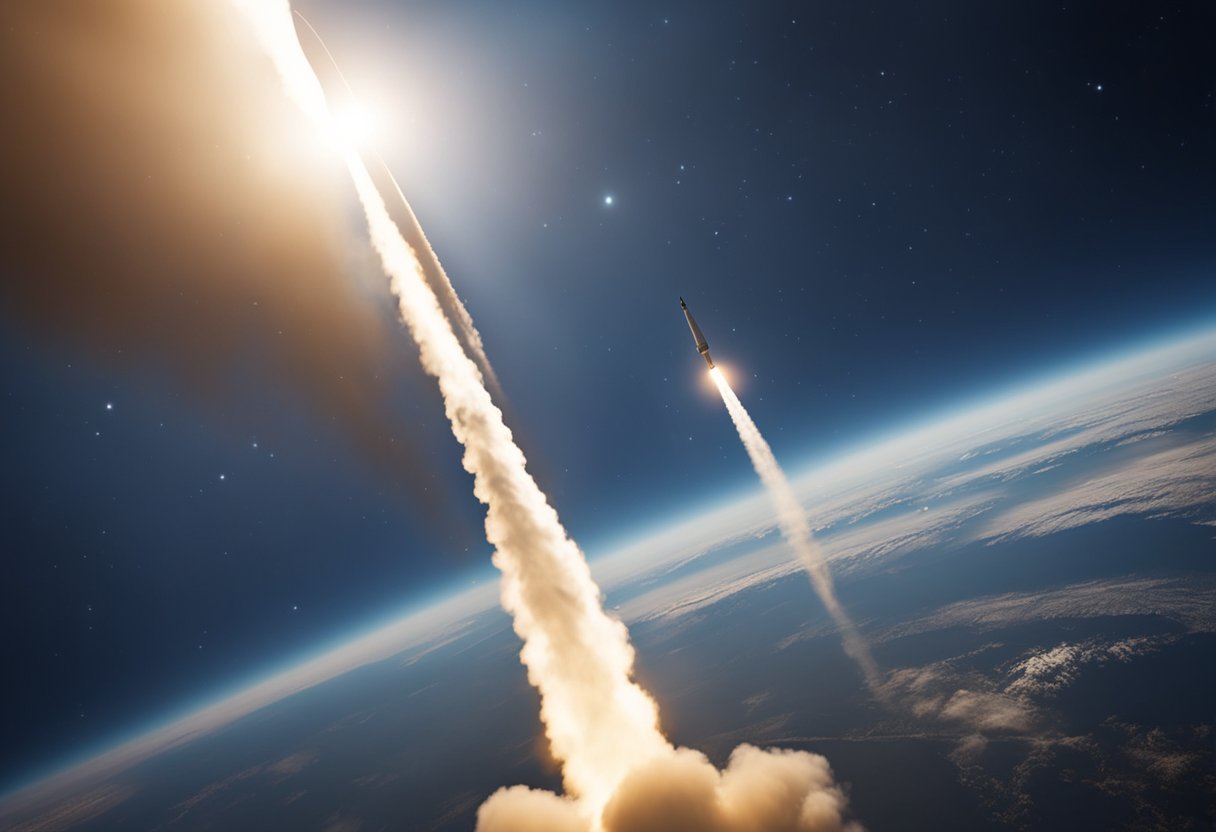 A rocket launches from Earth, leaving behind a trail of exhaust as it ascends into space, representing the carbon footprint of aerospace agency space missions