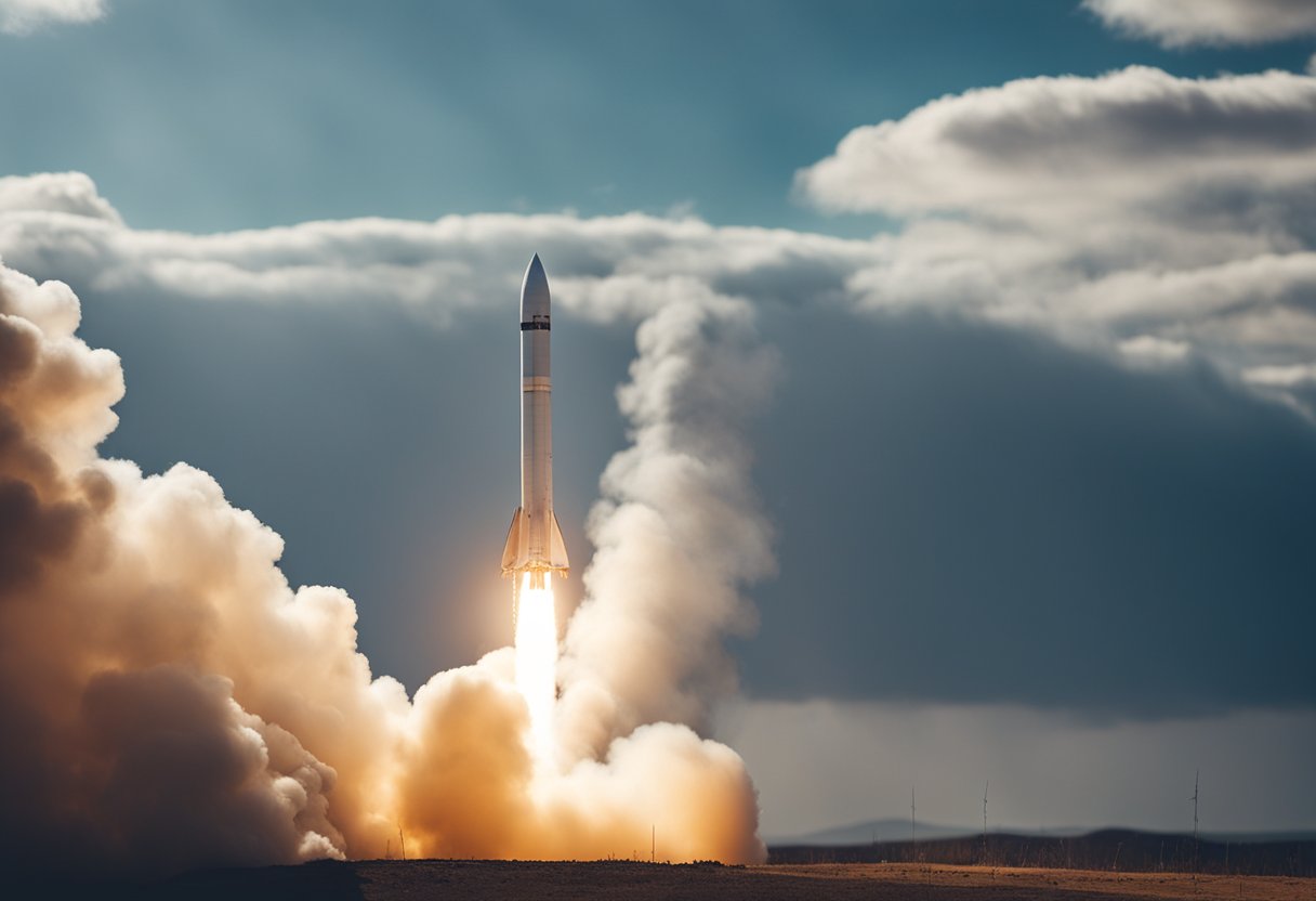 A rocket launches with plumes of smoke and fire, leaving behind a trail of emissions in the Earth's atmosphere