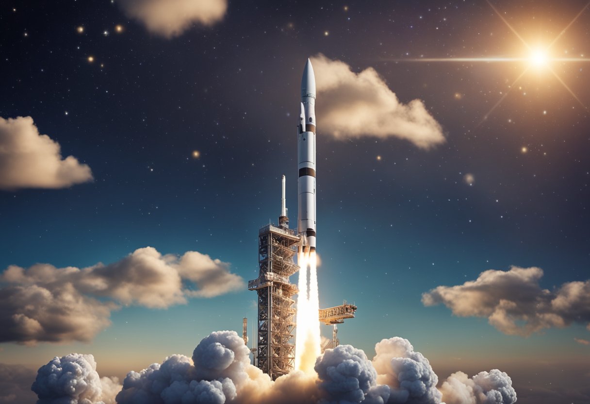 A rocket launches into the starry sky, symbolizing growth and challenges in the global space market. Satellites orbit the Earth, representing the expanding space economy