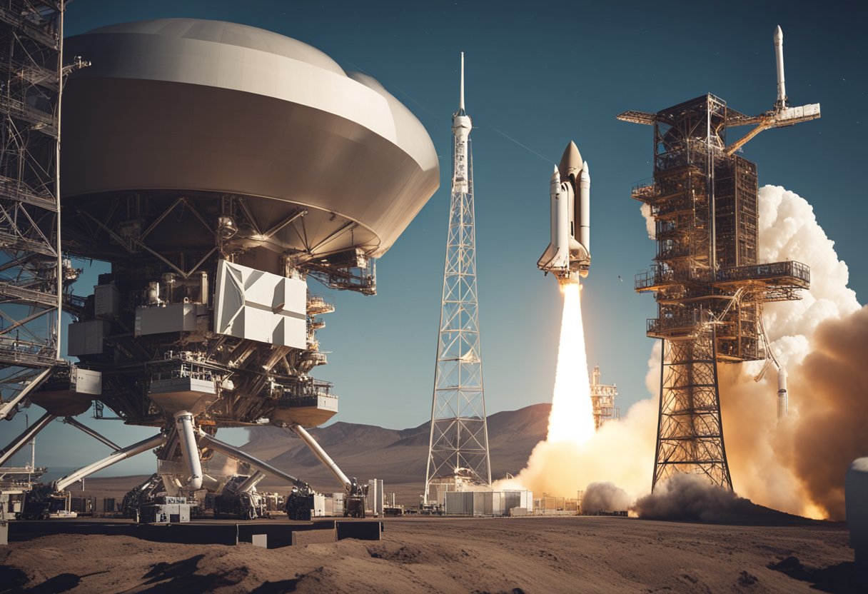 A rocket launches into space, with satellites orbiting Earth. A lunar base and Mars rover symbolize technological advancements in space exploration. Graphs and charts show the global space economy trends