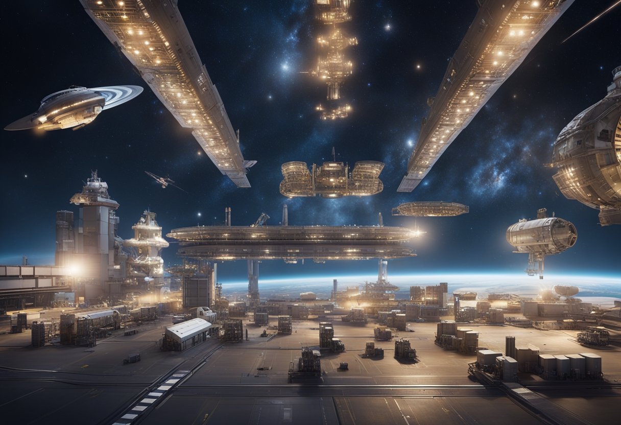 A bustling spaceport with cargo ships loading resources onto rockets, while satellite arrays orbit above, symbolizing economic sustainability and space resource utilization