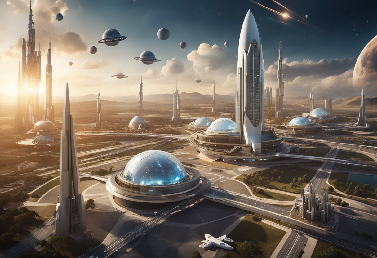 A bustling spaceport with rockets launching, satellites orbiting, and futuristic spacecraft being constructed. A network of communication and transportation systems connects the bustling hub to various celestial bodies