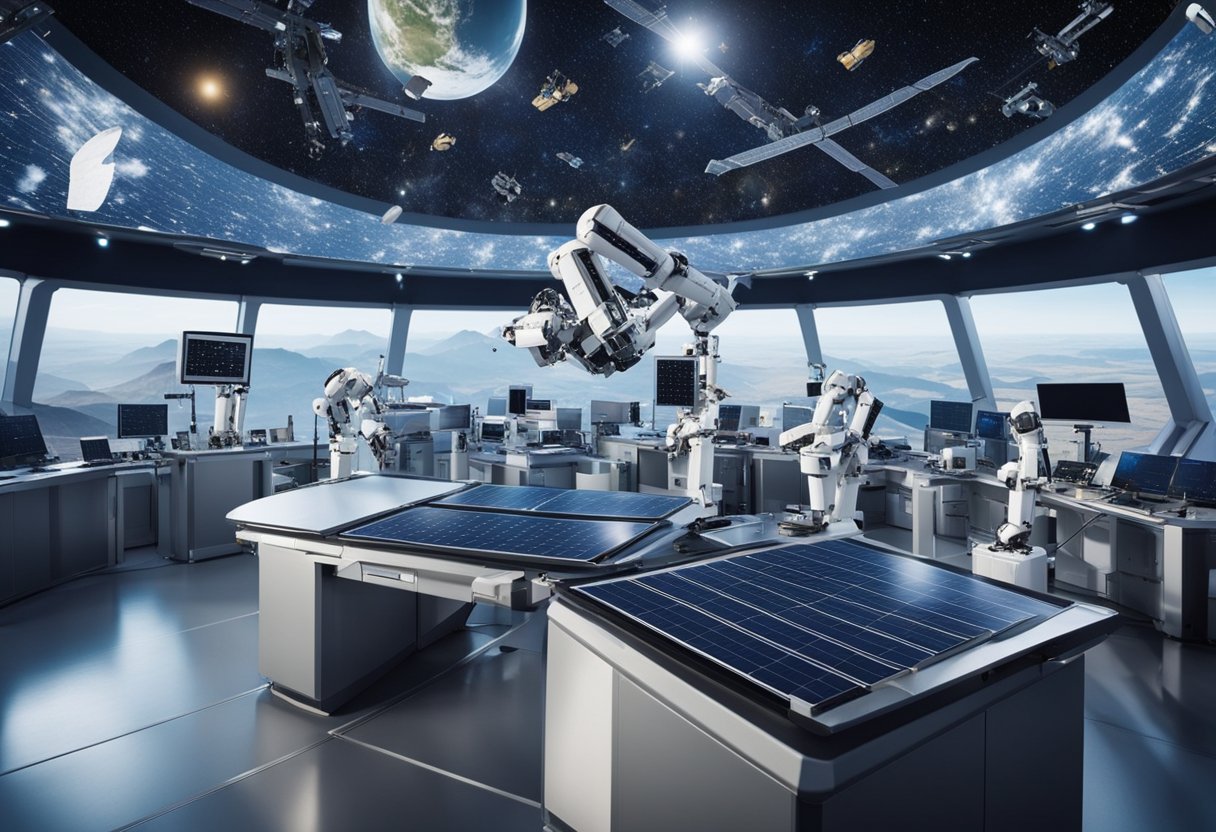 Robotic arms assemble satellites in a zero-gravity factory. Solar panels and communication antennas dot the landscape of a bustling space station