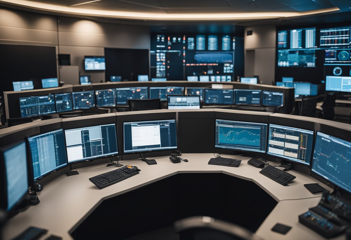 A space mission control room with computer screens, charts, and engineers analyzing mission cost data
