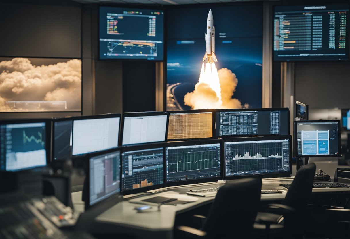 A rocket launches into space, surrounded by a cloud of exhaust. Data charts and graphs displaying mission costs fill the control room