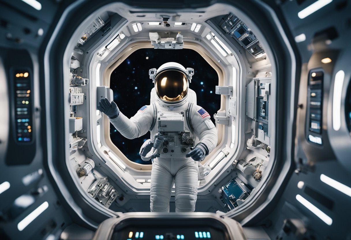 A floating astronaut surrounded by floating objects in a spacecraft, showing the psychological impact of space zero gravity on health