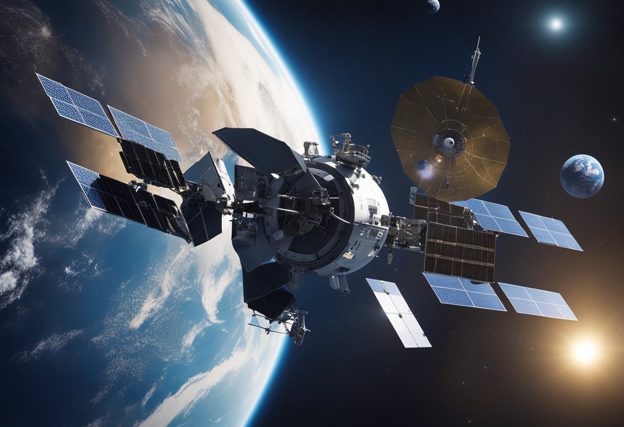 Military satellites orbiting Earth, with communication and surveillance equipment, symbolizing the militarization of outer space