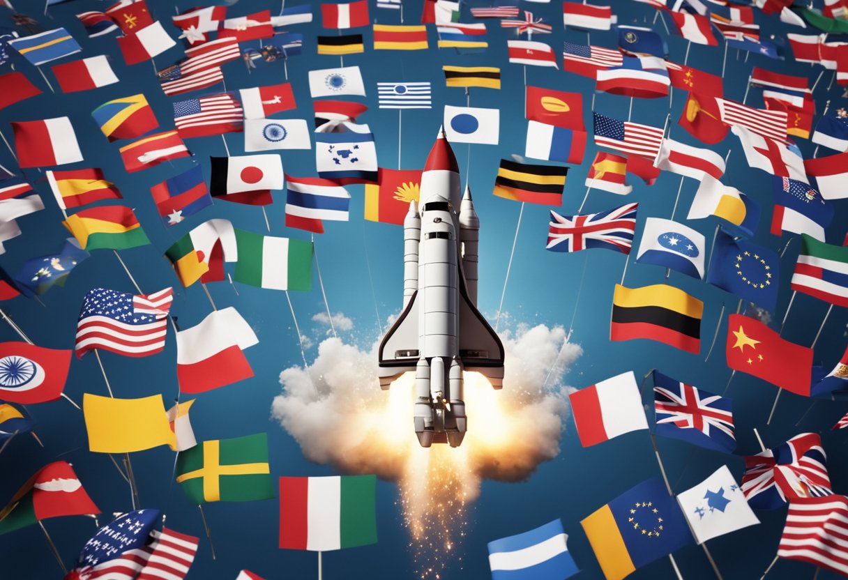 The scene depicts a rocket launching into space with various countries' flags surrounding it, representing the evolution of international law in space exploration