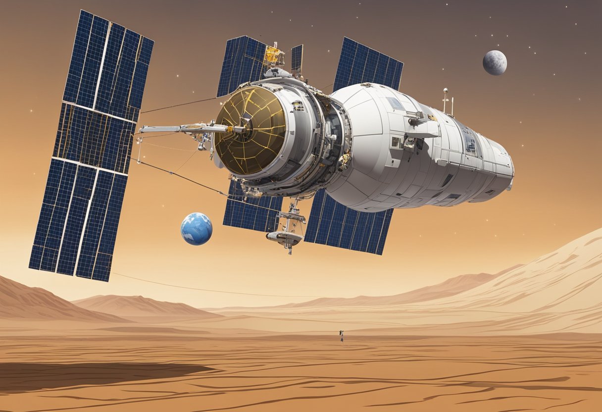 Space Exploration Trends - A spacecraft orbits Earth, while a probe heads to Venus and another prepares for a Mars mission. The International Space Station looms in the background