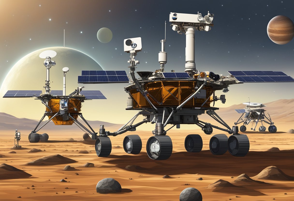 Unmanned probes and rovers explore Venus and Mars, while the International Space Station orbits above