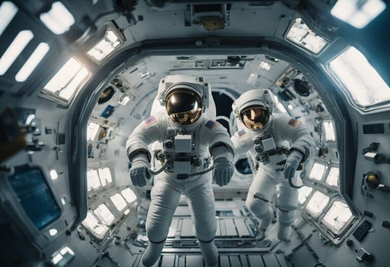 Two astronauts in white space suits with golden helmets inside a spacecraft, surrounded by technical equipment and illuminated by sunlight through windows, experiencing zero gravity effects.