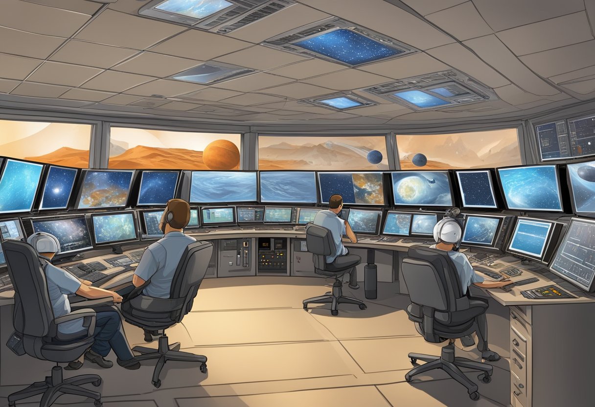 A busy control room monitors space trends, ISS updates, Venus probes, and Mars missions