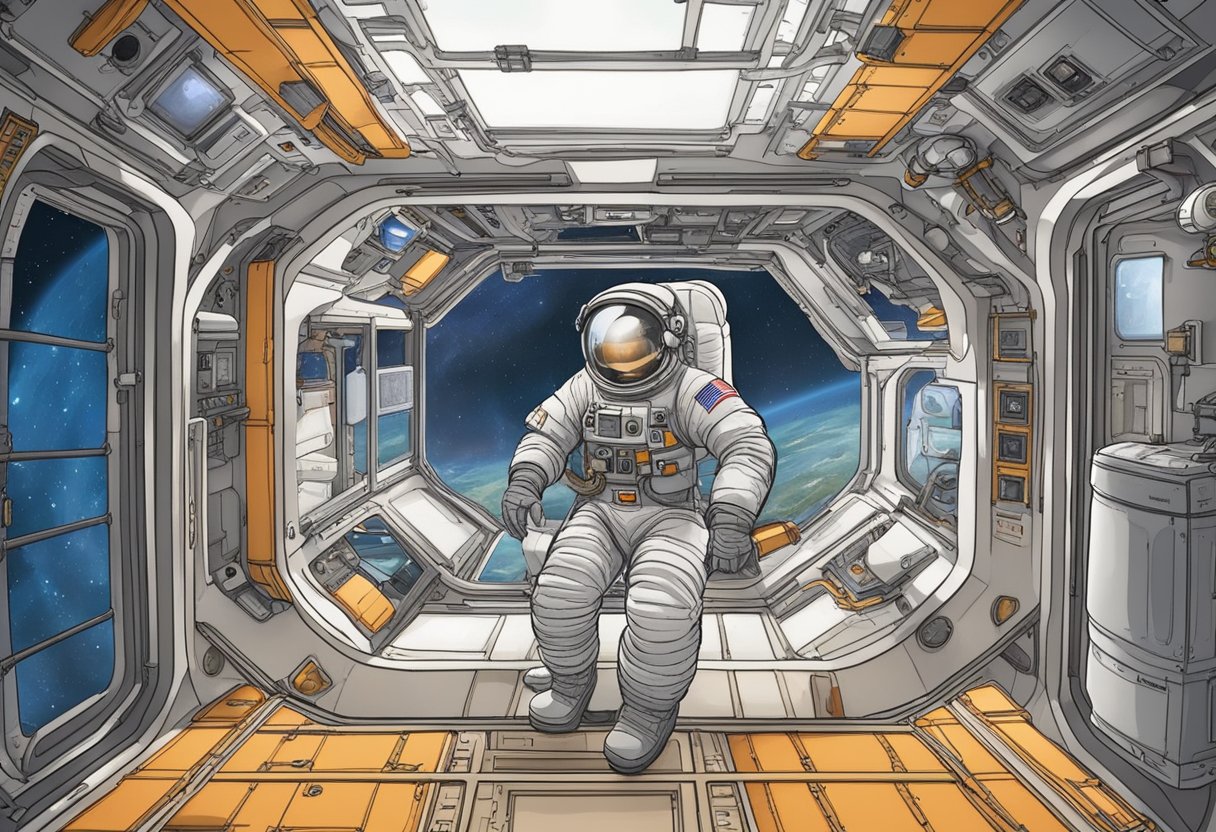 An astronaut floats inside the International Space Station, while unmanned probes explore Venus and plans for a manned Mars mission are discussed