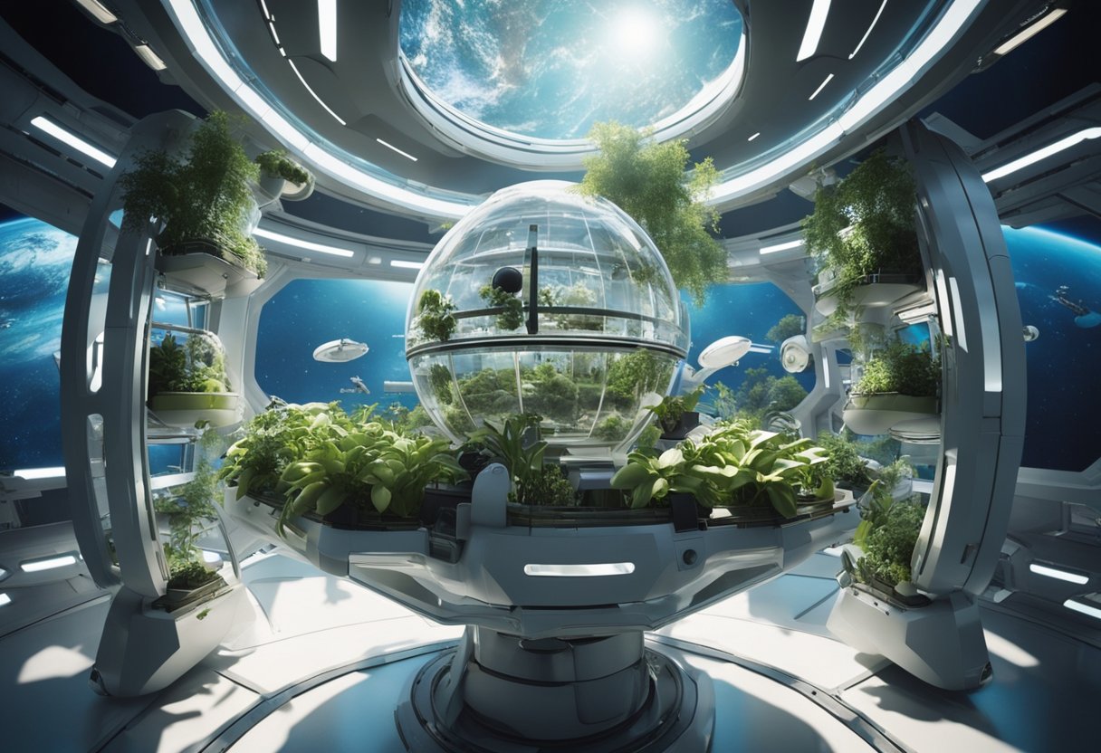 A futuristic space station with rotating habitats, plants floating in zero gravity, and scientists conducting experiments on the long-term effects of zero gravity on health