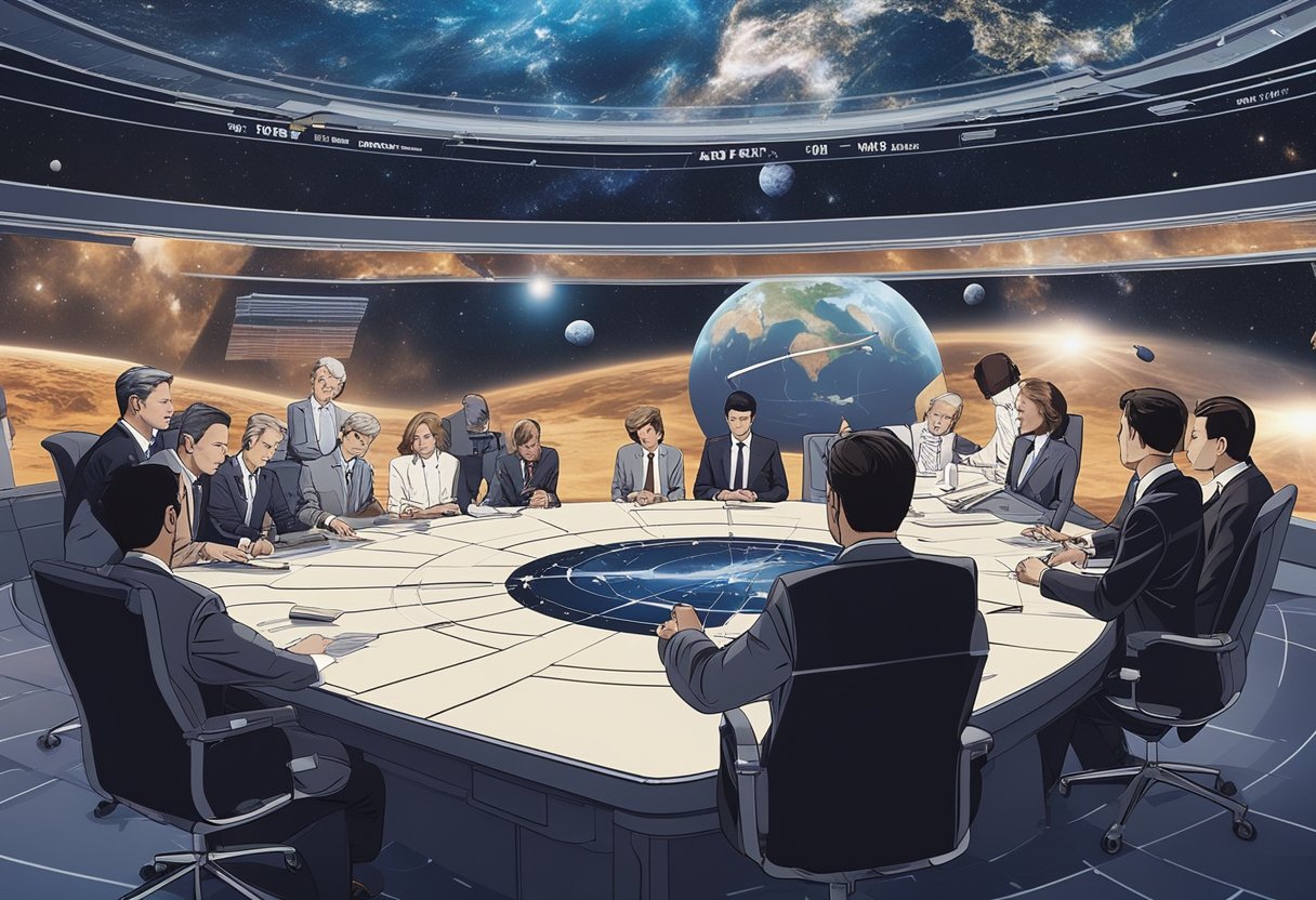 A group of representatives from various countries signing a treaty under the backdrop of a peaceful outer space, with satellites and spacecraft orbiting the Earth