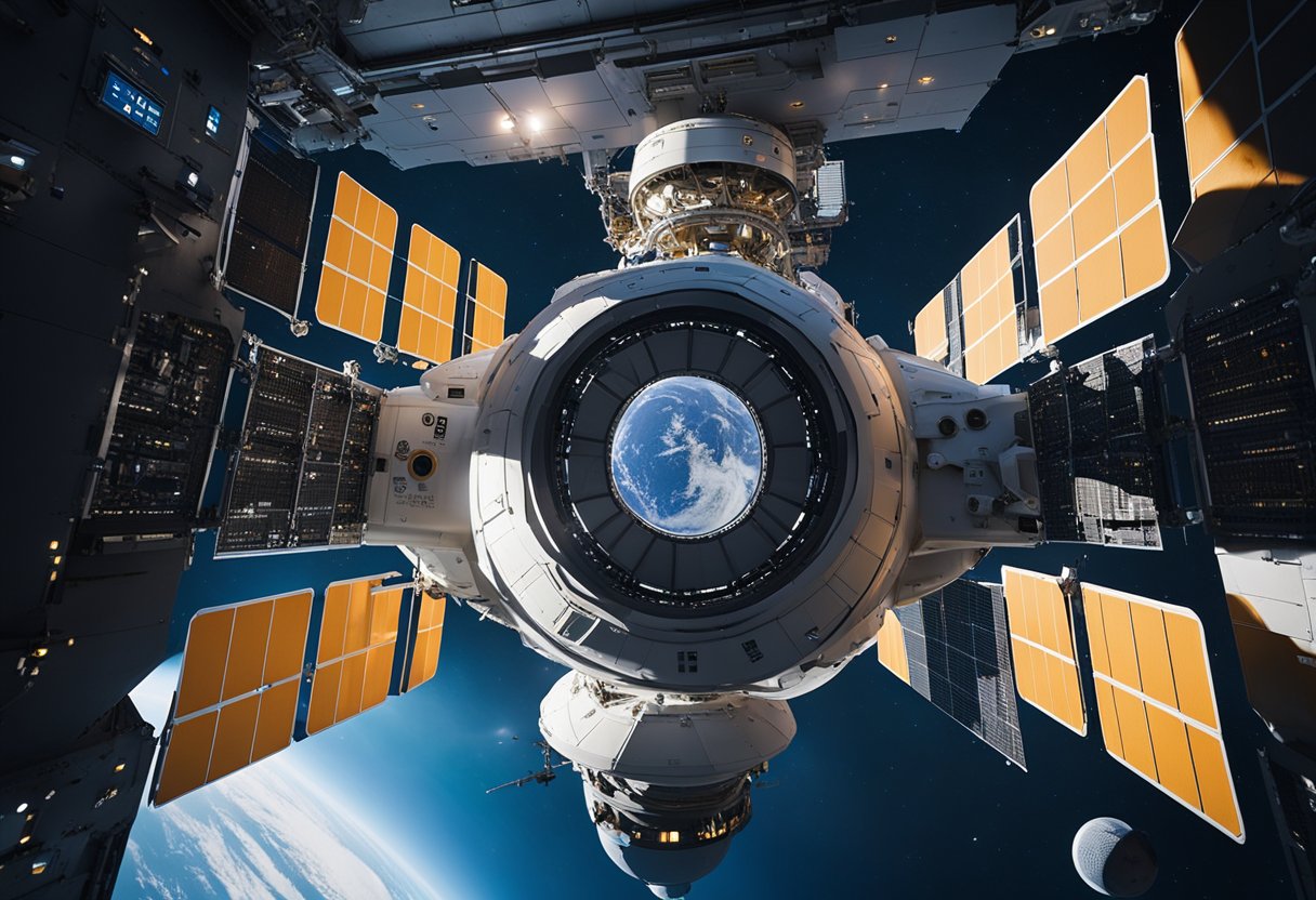 A spacecraft is seen docking at a commercial space station, with various companies' logos visible on the exterior. Legal documents and contracts are exchanged between the parties involved, highlighting the complex legal framework surrounding commercial use of outer space