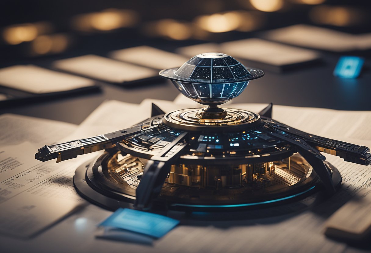 A spacecraft hovers above a planet, surrounded by legal documents and symbols of sovereignty. The scene conveys the complex issues of liability and risk in space activities