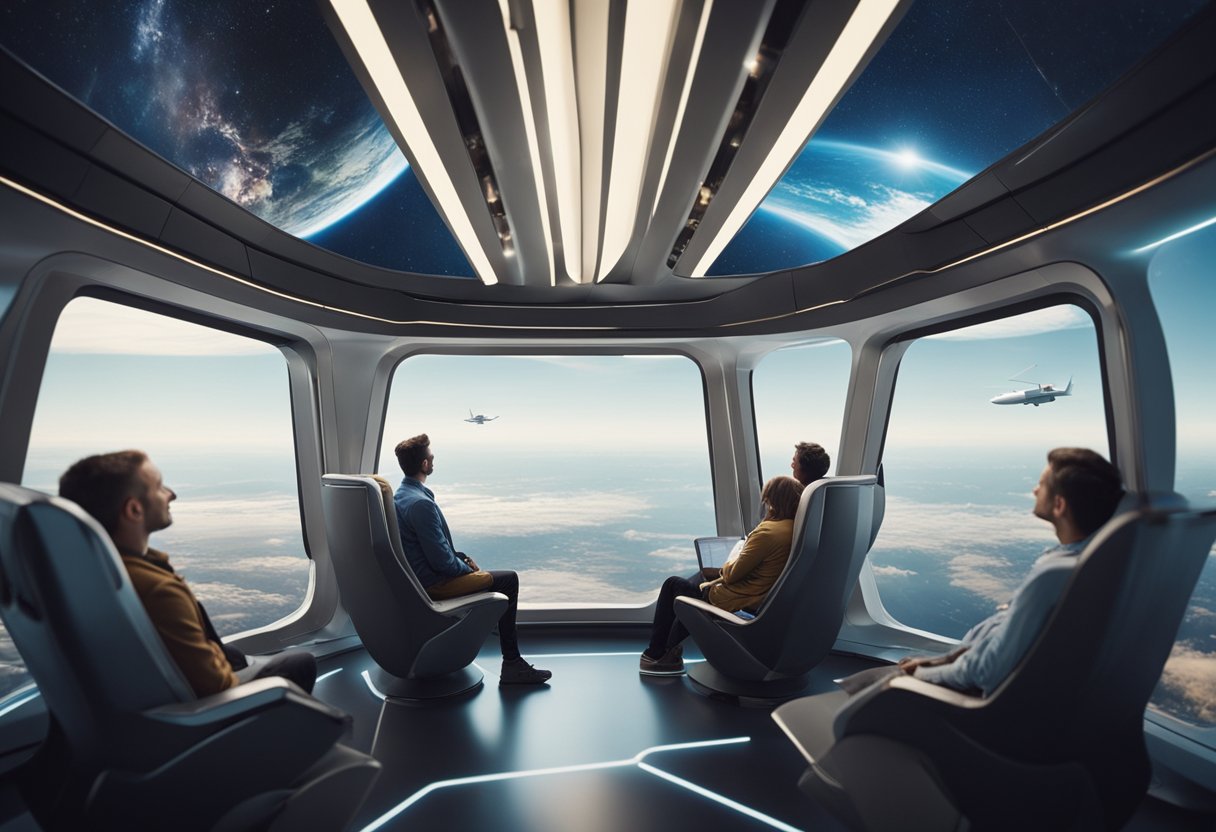 Passengers floating in a spacious, futuristic cabin with large windows, enjoying a breathtaking view of Earth from space