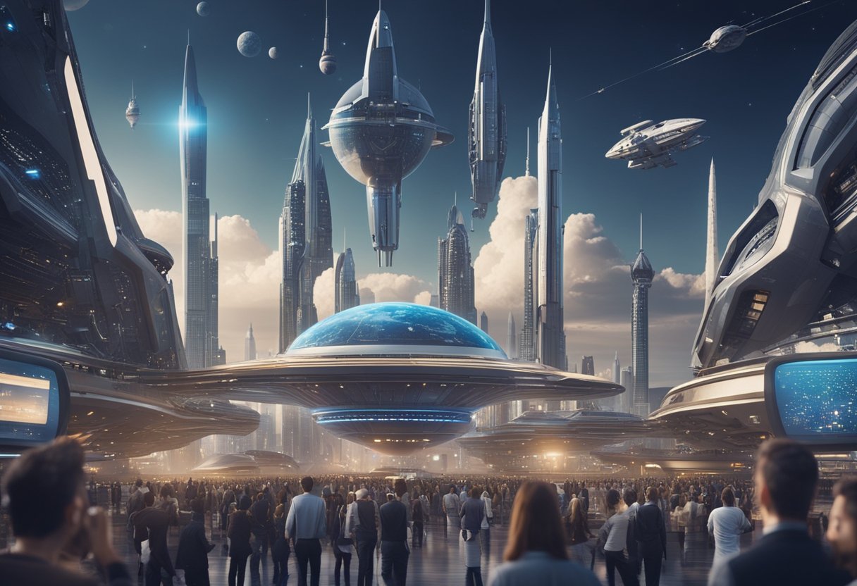 A bustling spaceport with spacecraft launching and landing, surrounded by futuristic buildings and bustling with tourists and business activity