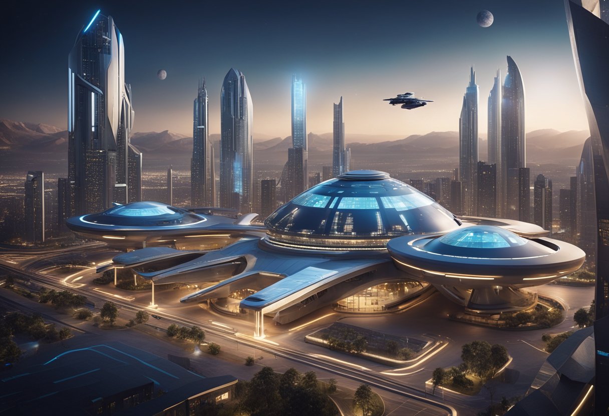 A futuristic spaceport with sleek spacecraft docking, surrounded by bustling commerce and high-tech infrastructure