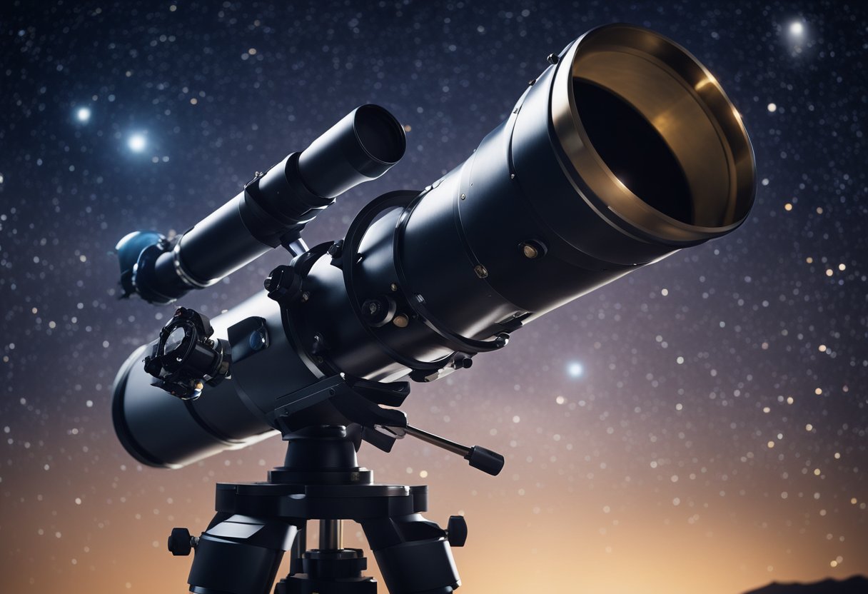 A telescope points towards the night sky, with planets and stars shining brightly. A spacecraft orbits a distant planet, while a comet streaks across the cosmos
