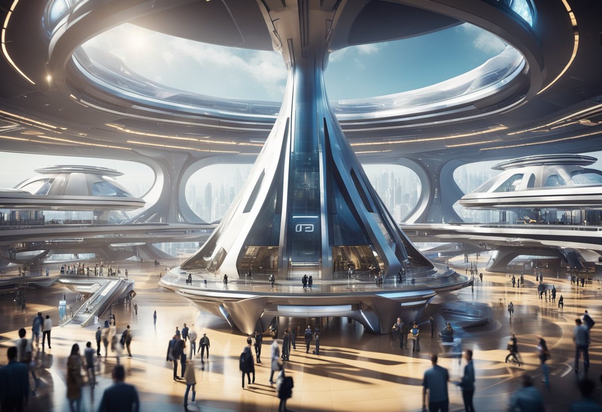 A futuristic spaceport with sleek spacecraft, bustling with tourists and workers, surrounded by advanced technology and infrastructure