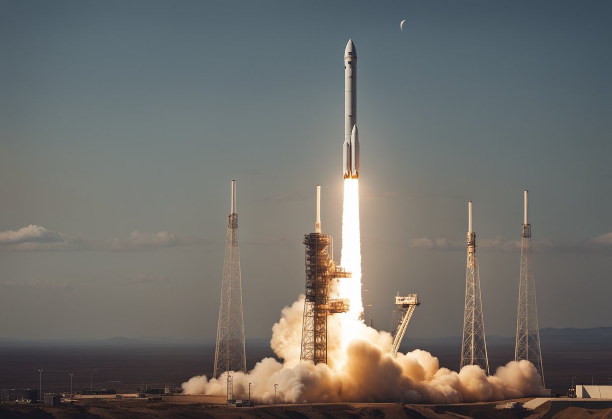 A rocket launches from a bustling space project crowdfunding platform, surrounded by success stories and case studies