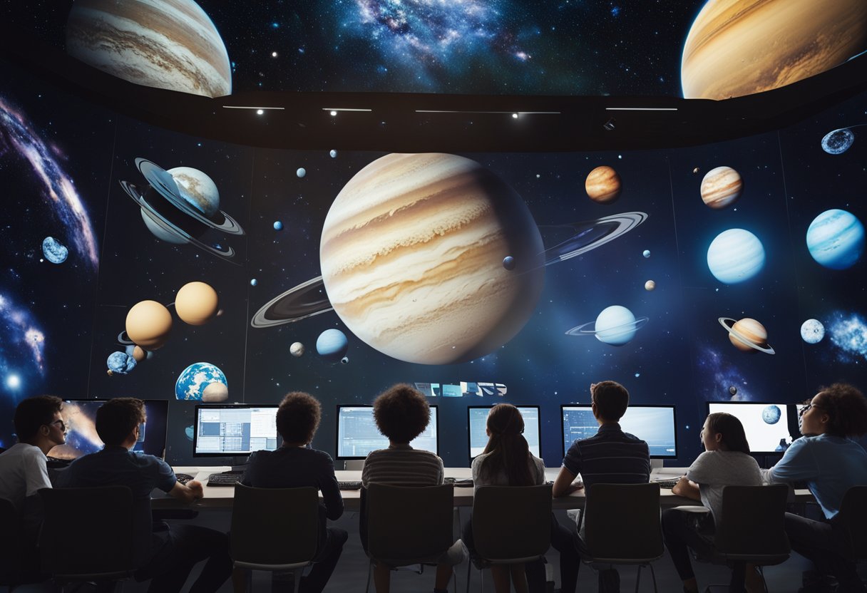 A group of students engage in a virtual space exploration event, surrounded by images of planets and galaxies. The room is filled with excitement and curiosity as they learn about the educational aspects of space exploration