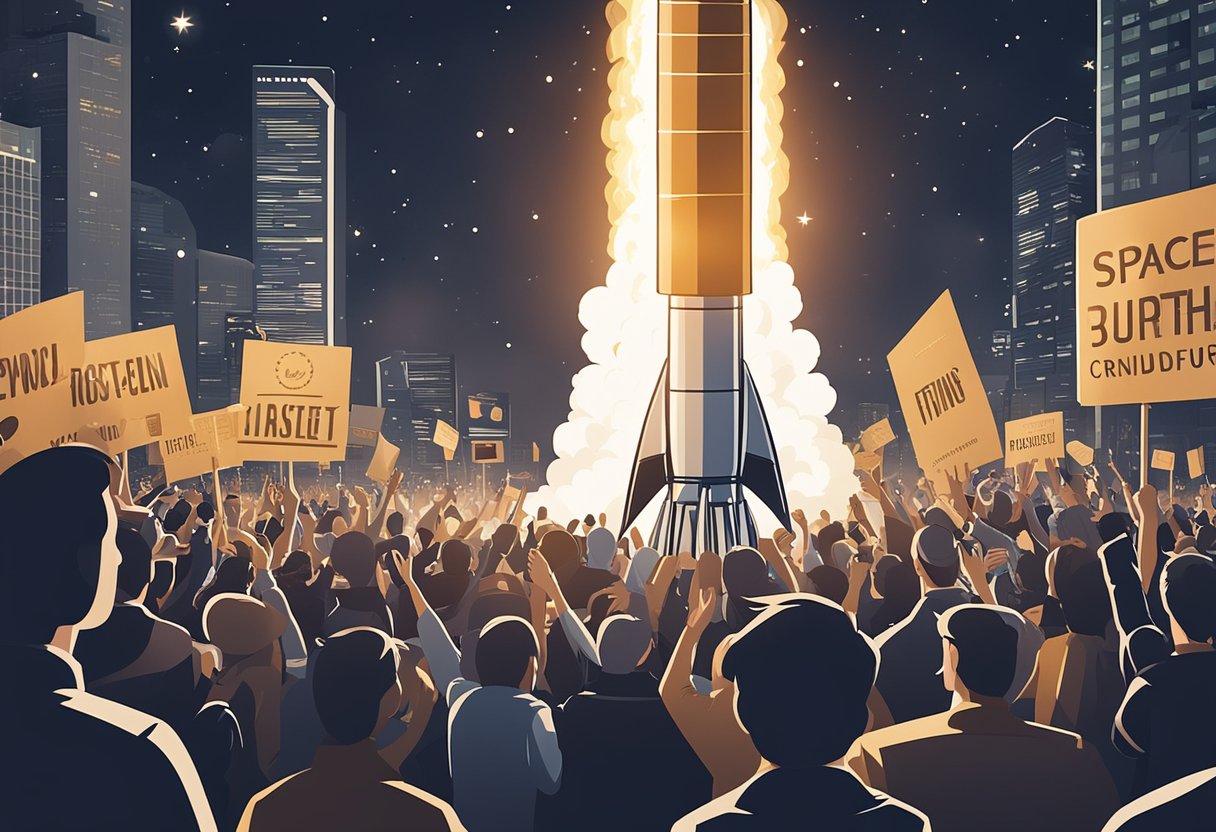 A rocket launching into space, surrounded by a crowd of people cheering and holding signs with the names of various space project crowdfunding platforms