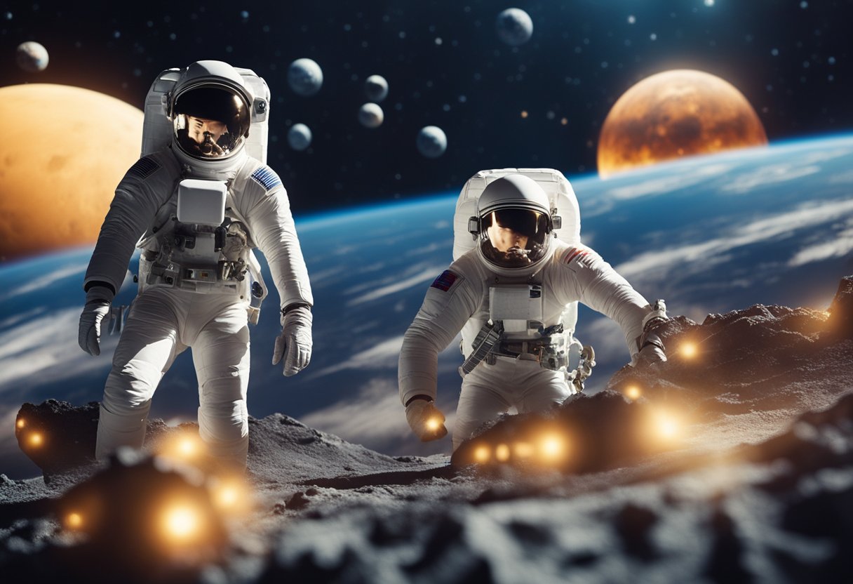 Entrepreneurs navigating obstacles on a space-themed crowdfunding platform. Risks and challenges loom large as they seek support for their innovative projects