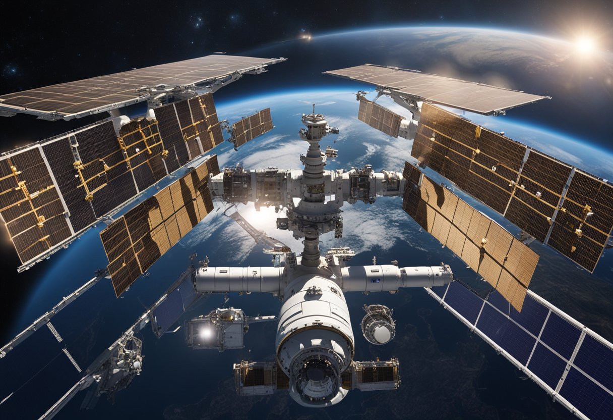 Commercial Benefits of Space Stations - A space station orbits Earth, with solar panels collecting energy. Cargo ships dock, unloading supplies. Scientists conduct experiments in zero gravity. Earth looms in the background, showcasing the station's unique perspective on the planet
